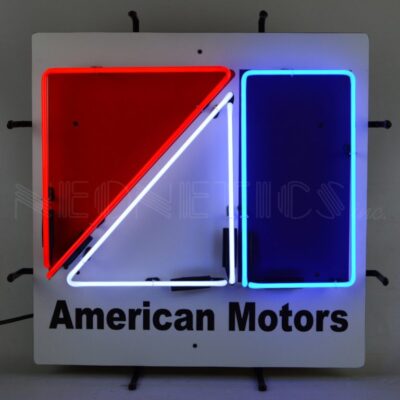 A square red, white and blue American motors neon sign.