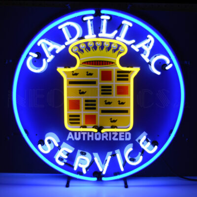 A blue round Cadillac service neon sign.