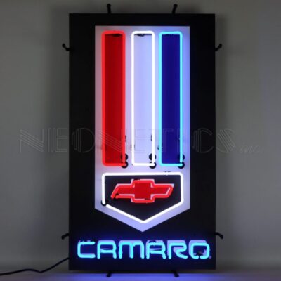 A vertical red, white, and blue Camaro neon sign.