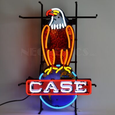 A neon sign with an eagle on top of the world.