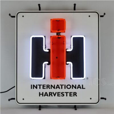 A square white International Harvester neon sign.