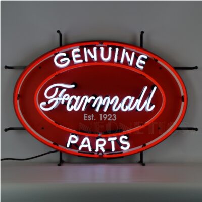 A red oval Farmall genuine parts neon sign.