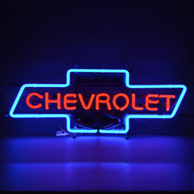 A blue Chevrolet logo logo neon sign.