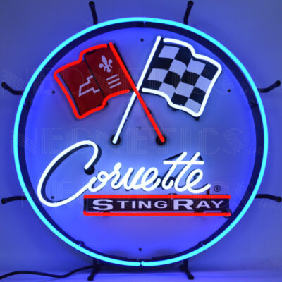 A round Corvette neon sign with 2 flags on it.
