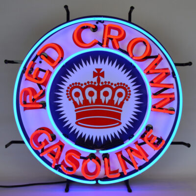 A blue and red, Red neon sign with a crown in the middle.