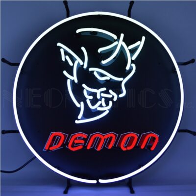 A black and red circular neon sign with a demon on it.