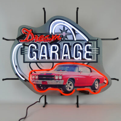 A neon sign with a red 1957 Chevrolet SS.