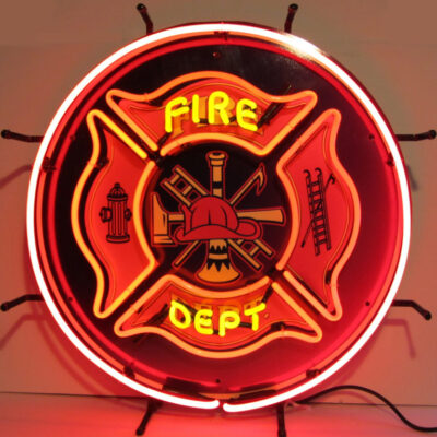 A round red fire department neon sign.