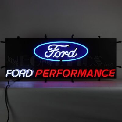 Its a white, blue, and red Ford Performance neon sign.