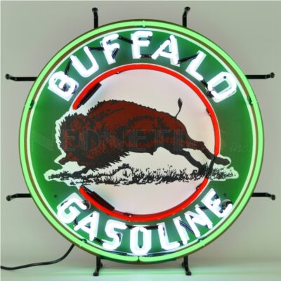 A round, green buffalo gasoline neon sign.
