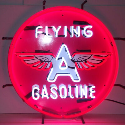 A round red flying A gasoline sign.