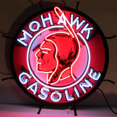 A round red neon sign with a native American on it.