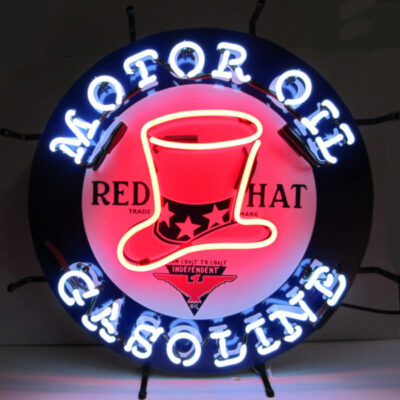 A round neon sign with a red hat.