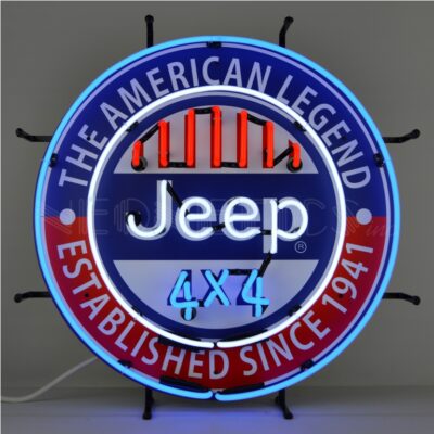 A round blue Jeep neon sign.