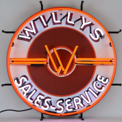 A red Willys sales service neon sign.