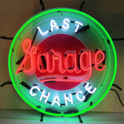 A round green and red neon sign.