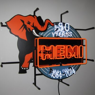 A Hemi neon sign with an elephant.