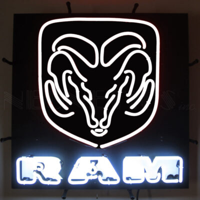 A black dodge ram square neon sign.