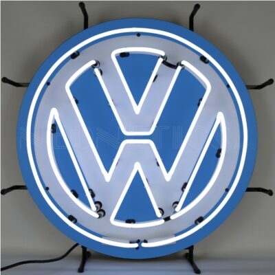 A round blue VW neon sign.