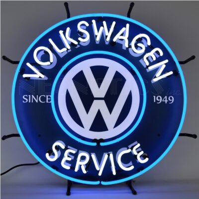 A blue Volkswagen service neon sign.