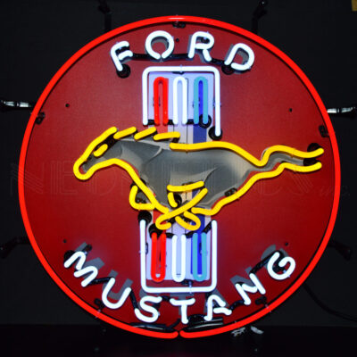 A red Ford Mustang neon sign with a yellow horse.