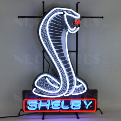 A white cobra shaped Shelby neon sign.