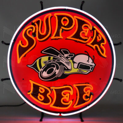 A round, red neon sign with a bee graphic.