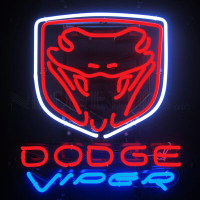 A Dodge Viper neon sign in red, white and blue.