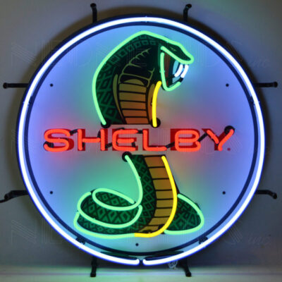 A round green neon sign with a snake.